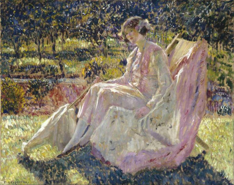 Sunbath,Sonnenbad,Frederick Carl Frieseke,Ölgemälde,Ölgemälde, 1Mädchen, Solo, Sitzung, traditionelle Medien