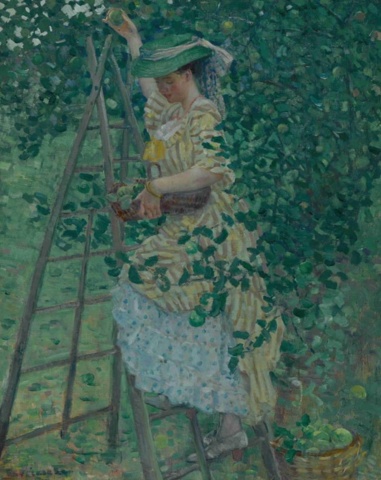 The Apple Tree,Frederick Carl Frieseke,Oil Painting,Oil Painting, 1girl, solo, dress, leaf, hat, flower