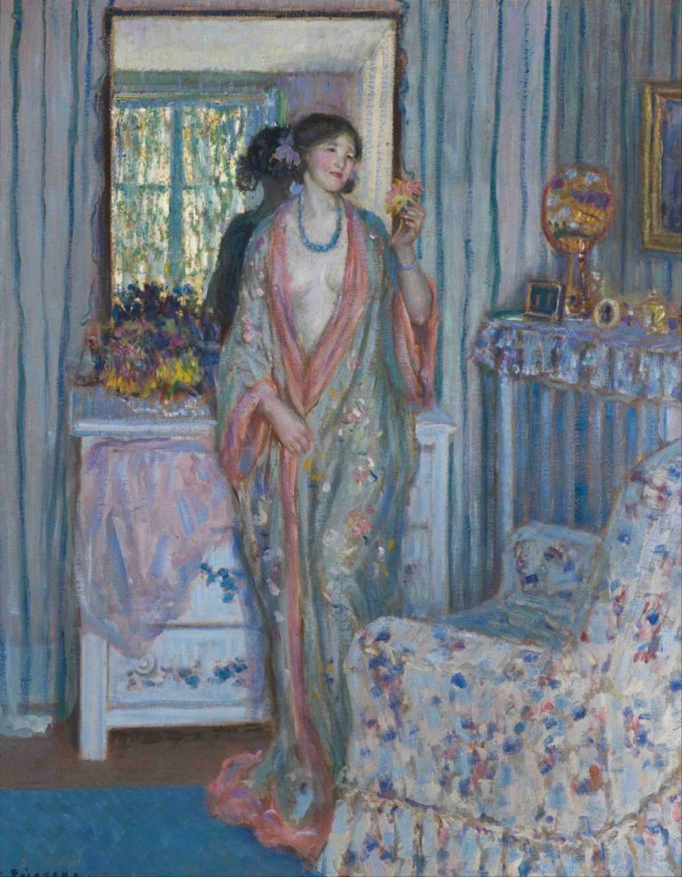 The Robe,Die Robe,Frederick Carl Frieseke,Ölgemälde,Ölgemälde, 1Mädchen, Schmuck, Halskette, Solo, Blume