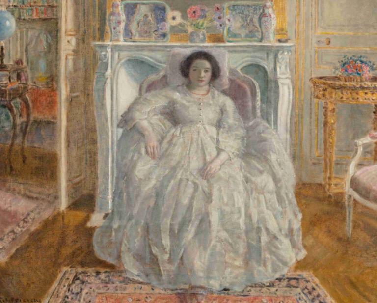 The White Gown,Das weiße Kleid,Frederick Carl Frieseke,Ölgemälde,Ölgemälde, 1Mädchen, Kleid, Solo, Stuhl