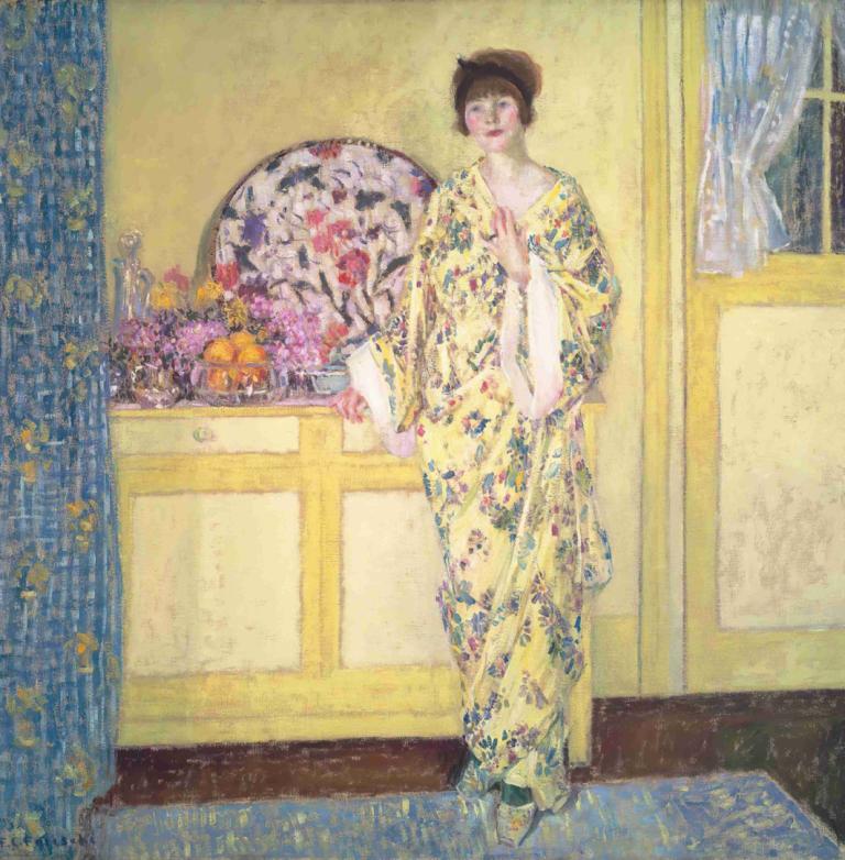 The Yellow Room,Das gelbe Zimmer,Frederick Carl Frieseke,Ölgemälde,Ölgemälde, 1Mädchen, Solo, Fenster, Blume