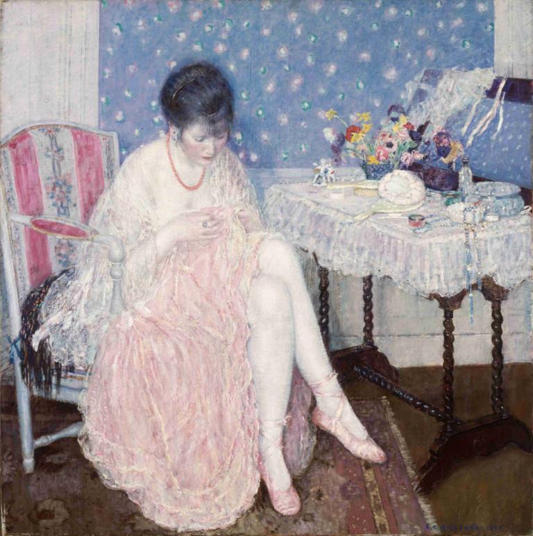 Torn Lingerie,Gescheurde lingerie,Frederick Carl Frieseke,Frederik Carl Frieseke,Olieverf,Olieverf, 1meisje