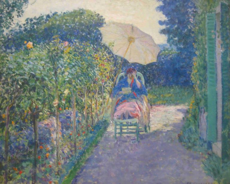 Woman Seated in a Garden,Vrouw zittend in een tuin,Frederick Carl Frieseke,Frederik Carl Frieseke,Olieverf