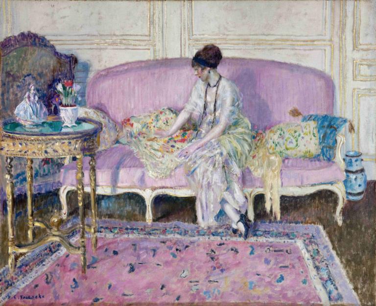 Woman Seated on Sofa in Interior,Vrouw zittend op bank in interieur,Frederick Carl Frieseke