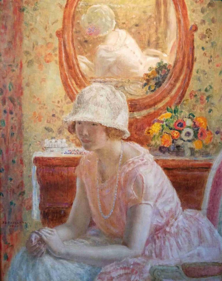 Young Girl Before a Mirror in a Pink Dress,Jong meisje voor een spiegel in een roze jurk