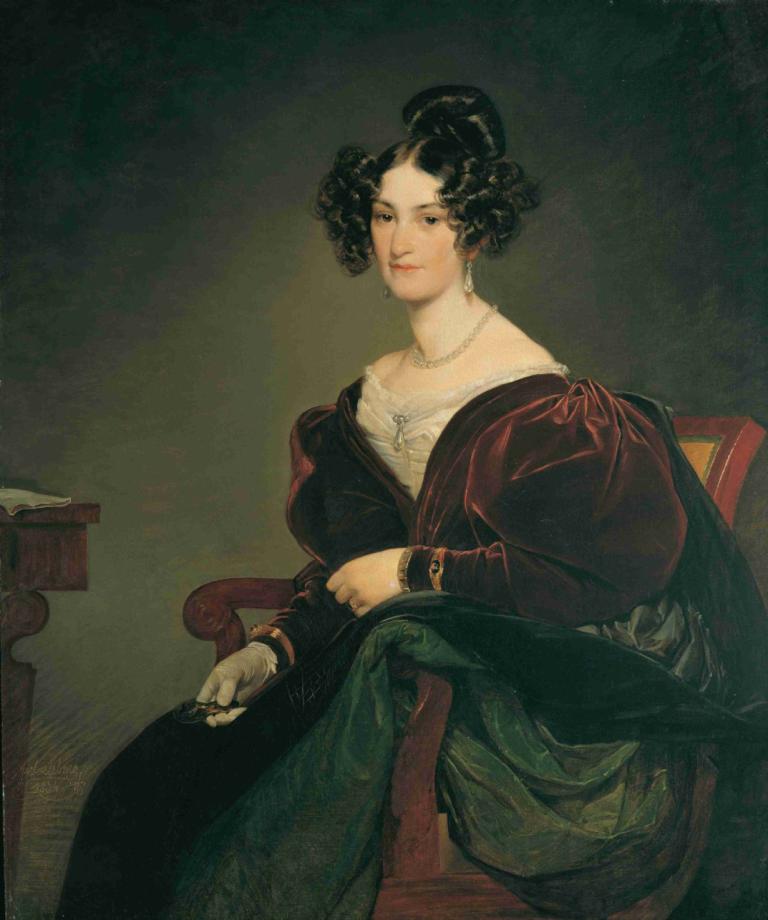 Amalie Klein,Friedrich von Amerling,Yağlı boya,Yağlı boya, 1kız, takı, solo, kolye, siyah saç, oturma, elbise