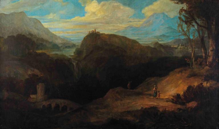 Gebirgslandschaft,Bergslandskap,Friedrich von Amerling,Oljemålning,Oljemålning, utomhus, landskap, träd