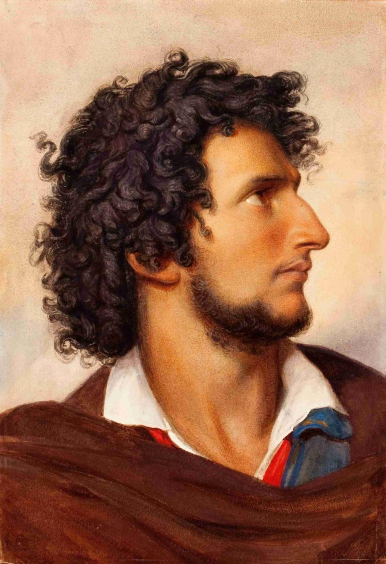 Head of a Young Bearded Venetian Man in Profile,Friedrich von Amerling,Oil Painting,Oil Painting, solo, 1boy