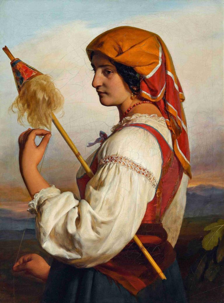 Italienerin,Friedrich von Amerling,Yağlı boya,Yağlı boya, solo, başörtüsü, 1kız, güzel sanatlar parodisi