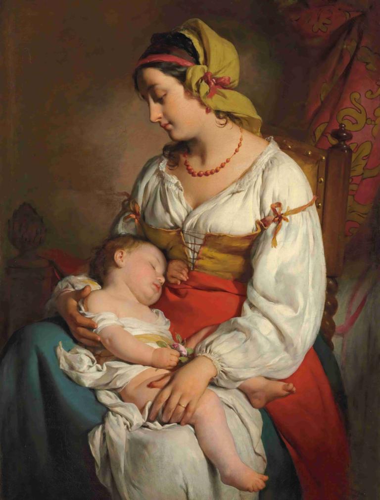 Italienische Mutter mit Kind,義大利Mutter MIT類,Friedrich von Amerling,弗裡德里希·馮·阿莫林,油畫,油畫, 美術模仿, 珠寶, 項鍊, 嬰兒, 多個女孩