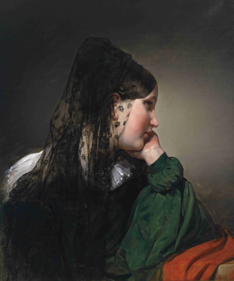 Mädchen im Profil mit schwarzer Mantille,Friedrich von Amerling,Oil Painting,Oil Painting, 1girl, solo