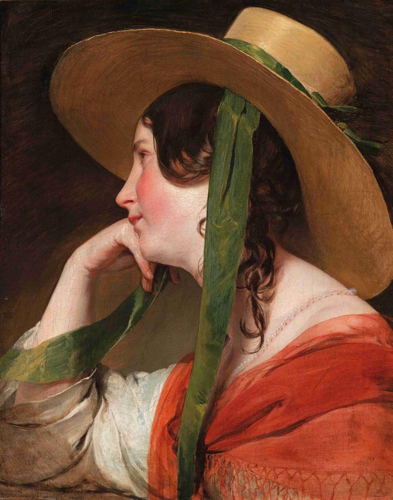 Mädchen mit Strohhut,Pige med stråhat,Friedrich von Amerling,Oliemaleri,Oliemaleri, 1 pige, solo, hat, profil