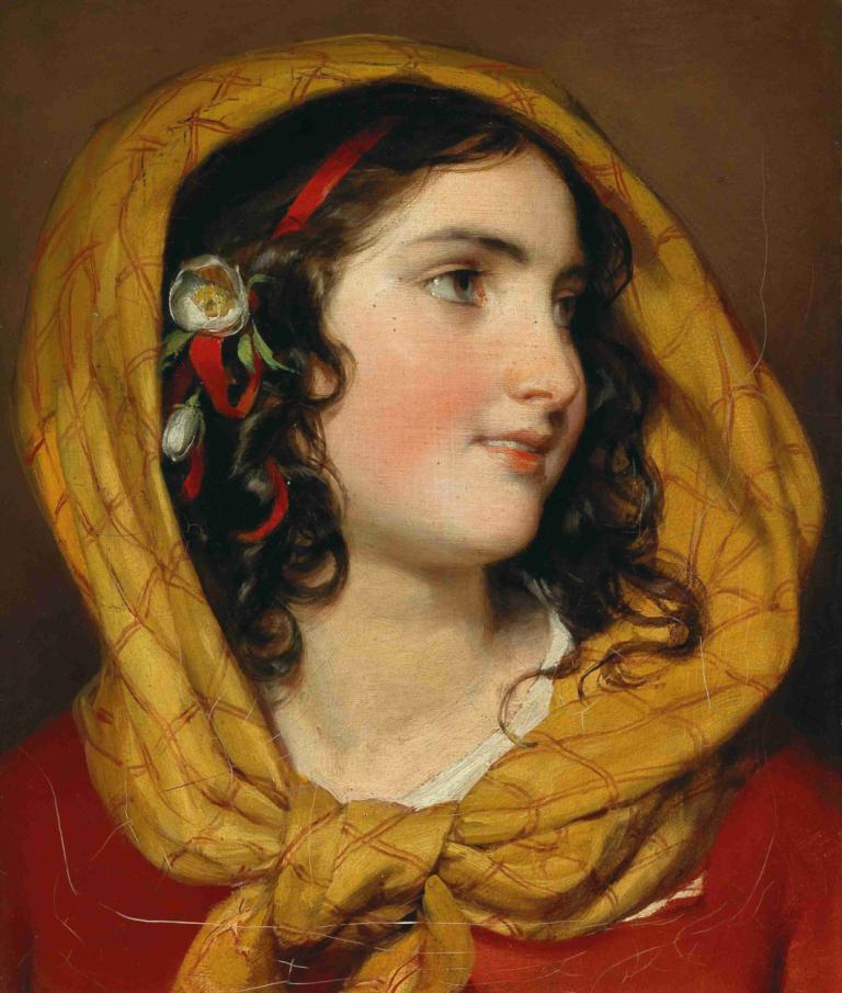 Portrait of a girl with a red hairband and a yellow headscarf,Friedrich von Amerling,Oil Painting