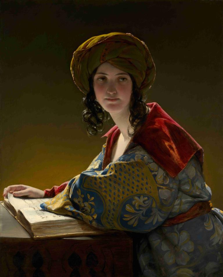 The Young Eastern Woman,年轻的东方女性,Friedrich von Amerling,弗里德里希-冯-阿默林,油画,油画, 1个女孩, 独奏, 美术模仿, 书, 黑发, 帽子, 实际的, 打开书