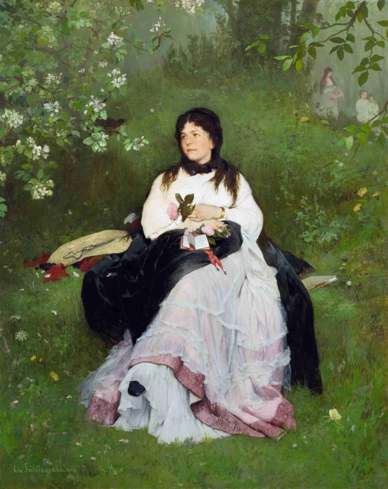 A spring fairy tale,Gabriel von Max,Oil Painting,Oil Painting, 1girl, flower, grass, holding, black hair