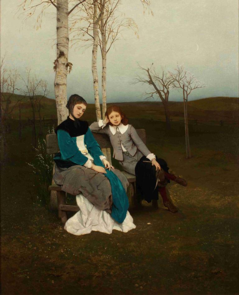 Adagio,Gabriel von Max,Oil Painting,Oil Painting, tree, sitting, multiple girls, 2girls, dress, brown hair