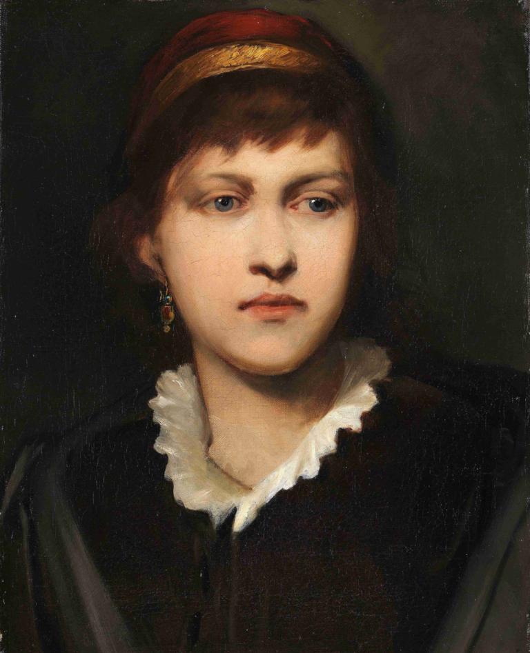 Bildnis eines Mädchens mit Haube und Ohrschmuck,Gabriel von Max,Oil Painting,Oil Painting, solo, 1girl