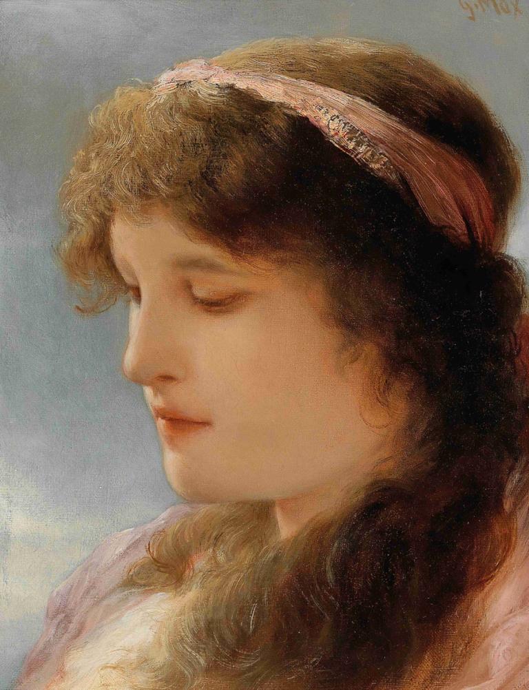 Daydreaming,Gabriel von Max,Oil Painting,Oil Painting, 1girl, solo, closed eyes, brown hair, realistic