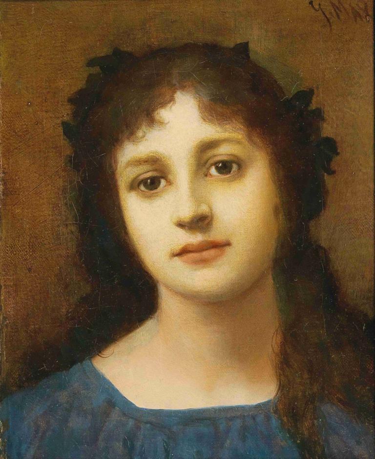 Girl with Vine Leaves in her Hair,Gabriel von Max,Oil Painting,Oil Painting, 1girl, solo, realistic