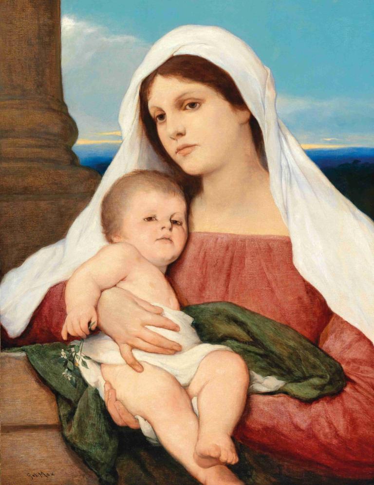 Madonna And Child In An Open Landscape,開けた風景の中の聖母子,Gabriel von Max,マックスからのガブリエル,油絵,油絵, 美術パロディ, 赤ちゃん, 現実的な, 茶髪