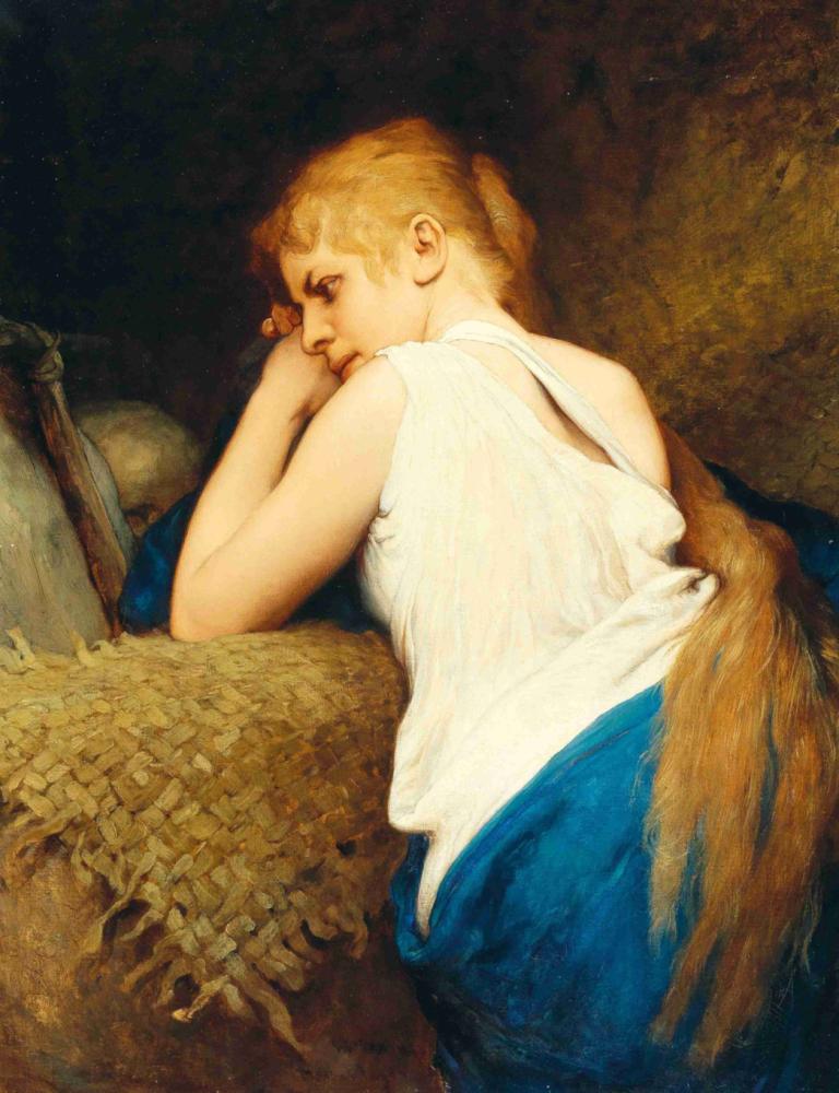 Mary Magdalene,Gabriel von Max,Oil Painting,Oil Painting, 1girl, blonde hair, solo, wings, white shirt, shirt