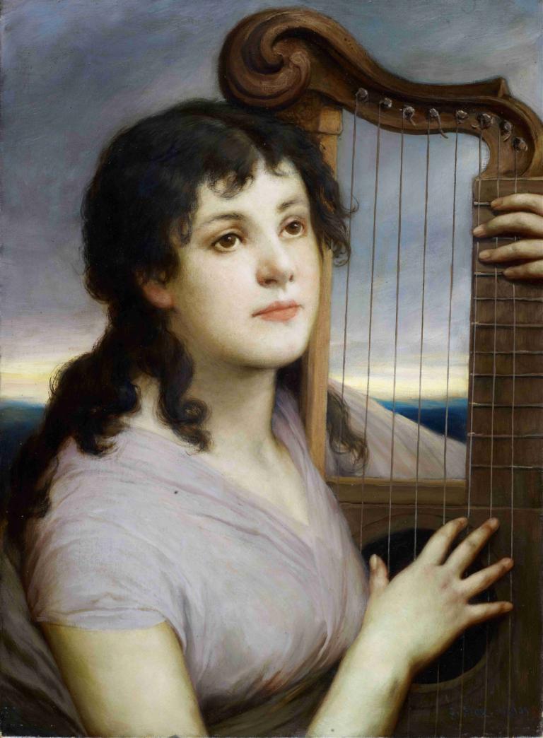 Mignon,Gabriel von Max,Gabriel fra Max,Oliemaleri,Oliemaleri, 1 pige, instrument, solo, sort hår, realistisk