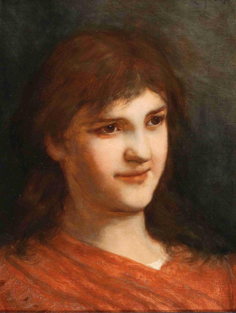 Portrait of a Woman,Gabriel von Max,Oil Painting,Oil Painting, solo, brown hair, 1girl, realistic, brown eyes