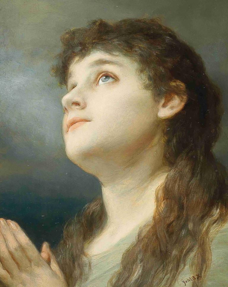 Praying,Gabriel von Max,Oil Painting,Oil Painting, 1girl, solo, looking up, brown hair, long hair, blue eyes