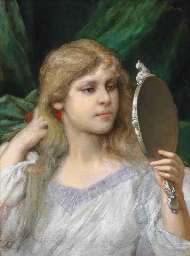 The Mirror,Gabriel von Max,Max'ten Gabriel,Yağlı boya,Yağlı boya, 1kız, solo, sarı saç, uzun saç, takı, küpe