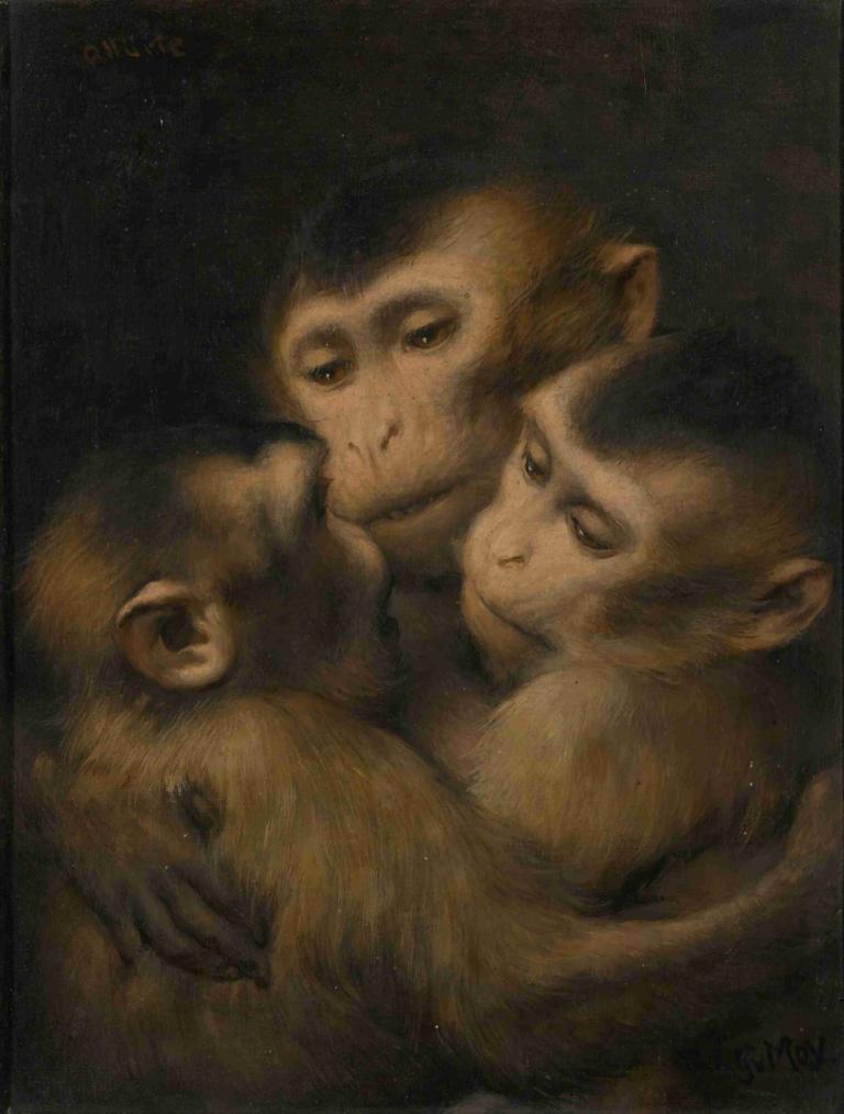 Three Monkeys,三隻猴子,Gabriel von Max,加布裡埃爾·馮·馬克斯,油畫,油畫, 擁抱, 血, 閉著嘴, 多個男孩, 微笑, 過時的, 沒有人類, 傳統媒體, 看著觀眾, 男性焦點