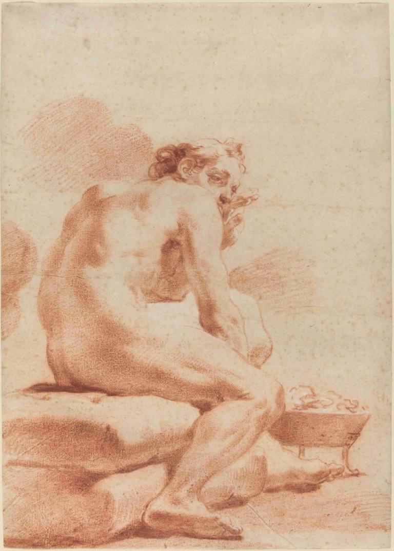 A Young Man Warming Himself at a Brazier,Gaetano Gandolfi,Copperplate Etching,Copperplate Etching, 1boy, nude