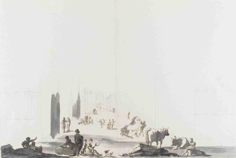 Figures and Animals in Deep Architectural Setting,Gaetano Gandolfi,Copperplate Etching,Copperplate Etching