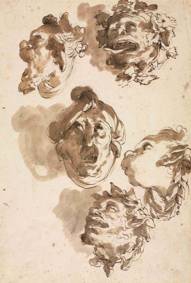 Five Grotesque Heads,Gaetano Gandolfi,Copperplate Etching,Copperplate Etching, monochrome, traditional media