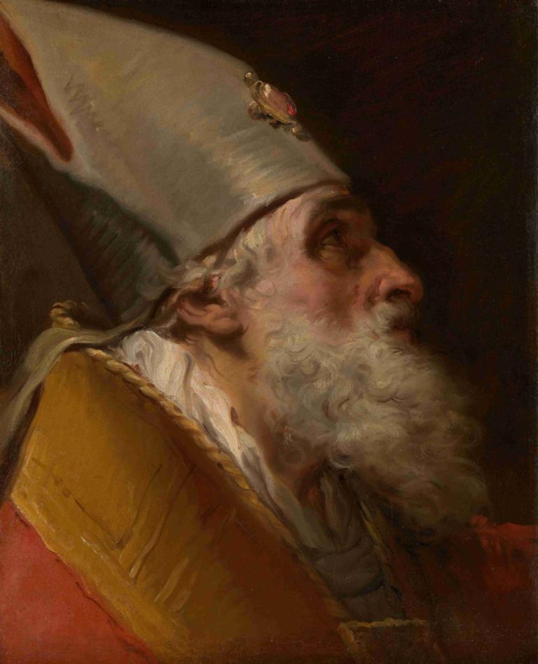 Head of a Bishop,Gaetano Gandolfi,Oil Painting,Oil Painting, male focus, 1boy, solo, facial hair, beard, hat