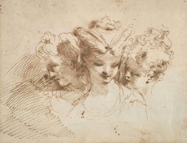 Three Female Heads,Drei weibliche Köpfe,Gaetano Gandolfi,Kupferstich,Kupferstich, einfarbig, Solo, 1Junge