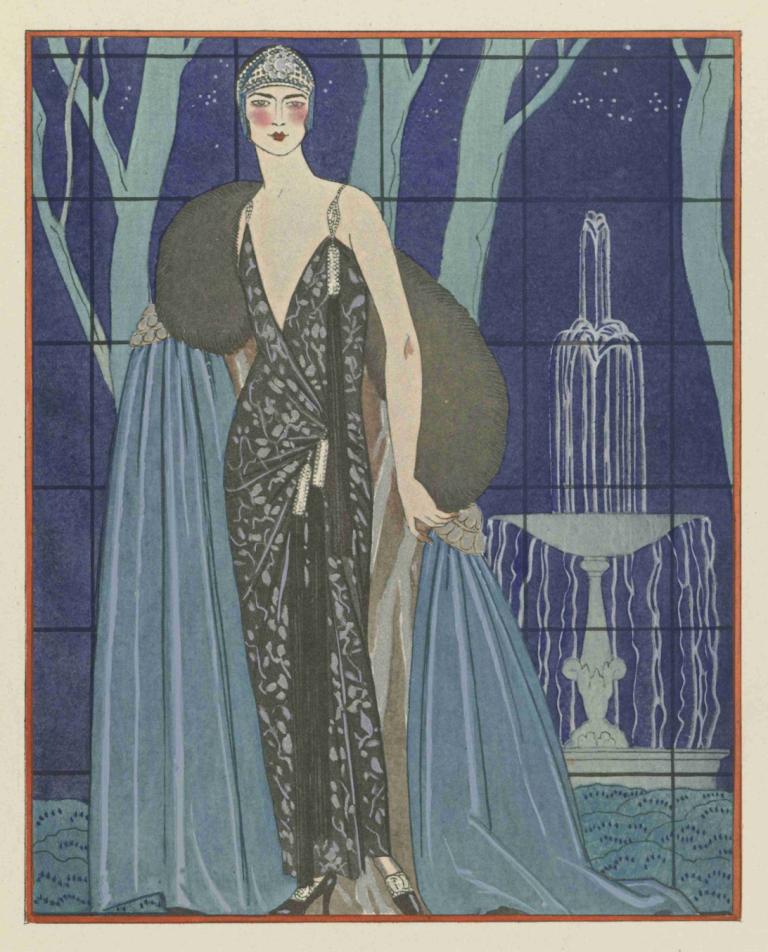 Alcyone ; Robe et manteau du soir, de Worth,George Barbier,Illustration,Illustration, 1girl, solo, dress