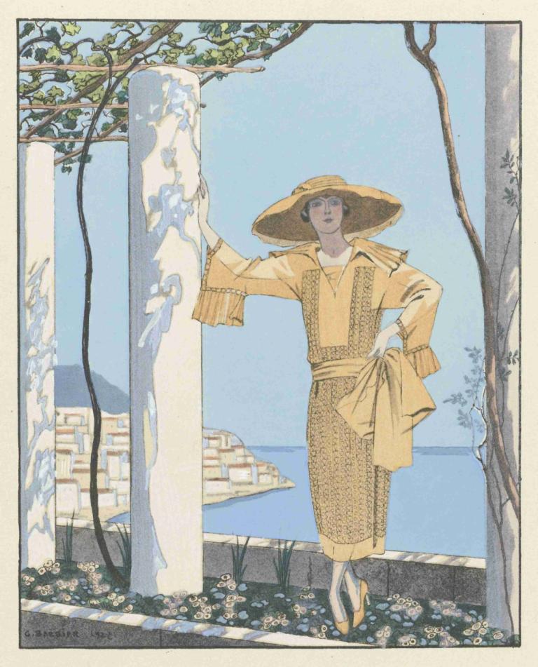 Amalfi. Robe, de Worth,George Barbier,Abbildung,Abbildung, Solo, Hut, draußen, Baum, Tag, Himmel