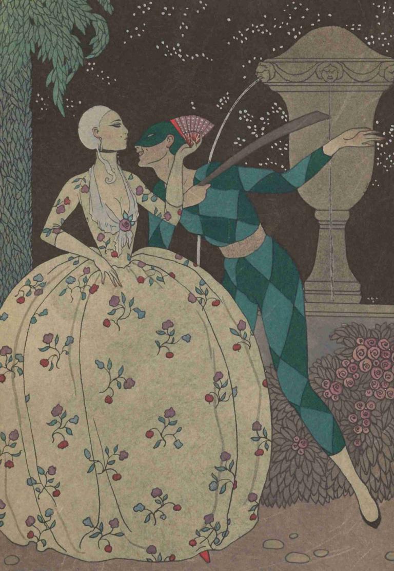 Arlequin,George Barbier,Illustration,Illustration, 1girl, dress, 1boy, hand fan, flower, dancing, holding