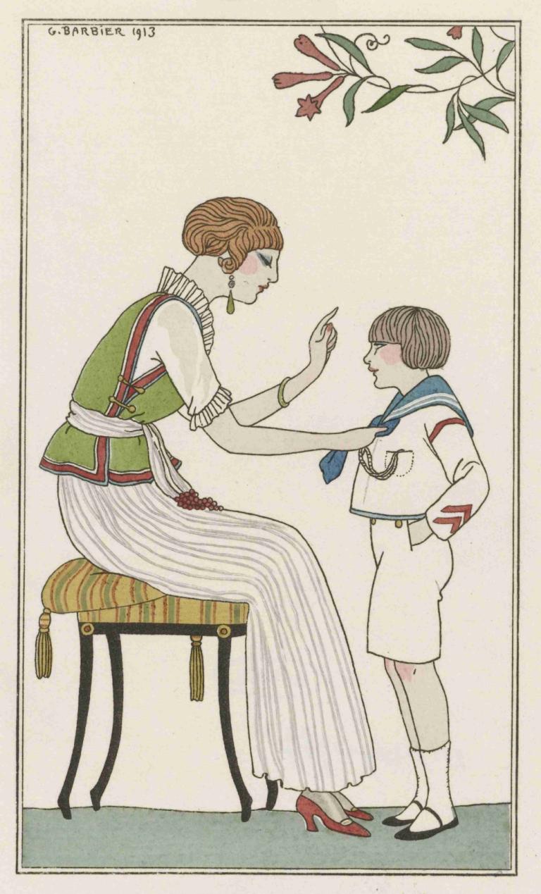 Blouse japonais,George Barbier,Illustration,Illustration, 1girl, 1boy, sitting, brown hair, white shorts