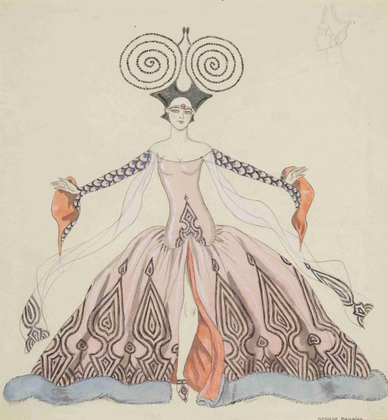 Costume Drawing,George Barbier,Illustration,Illustration, 1girl, solo, dress, full body, signature