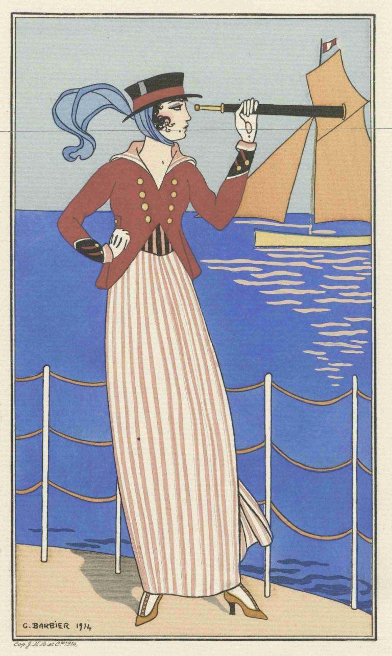 Costume de Yacht,Jachtpak,George Barbier,Illustratie,Illustratie, solo, 1meisje, rok, hoed, hoge hakken