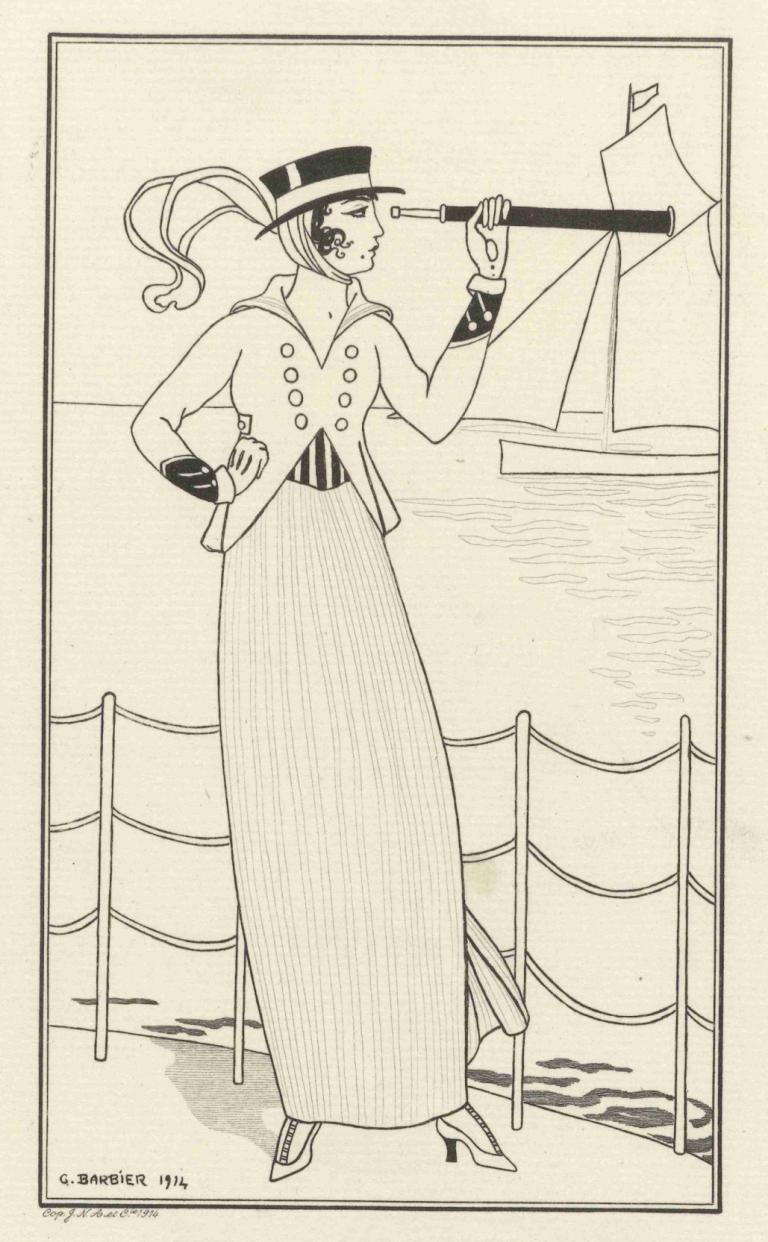 Costume de Yacht,Jachtpak,George Barbier,Illustratie,Illustratie, solo, monochroom, hoed, 1meisje, vlag