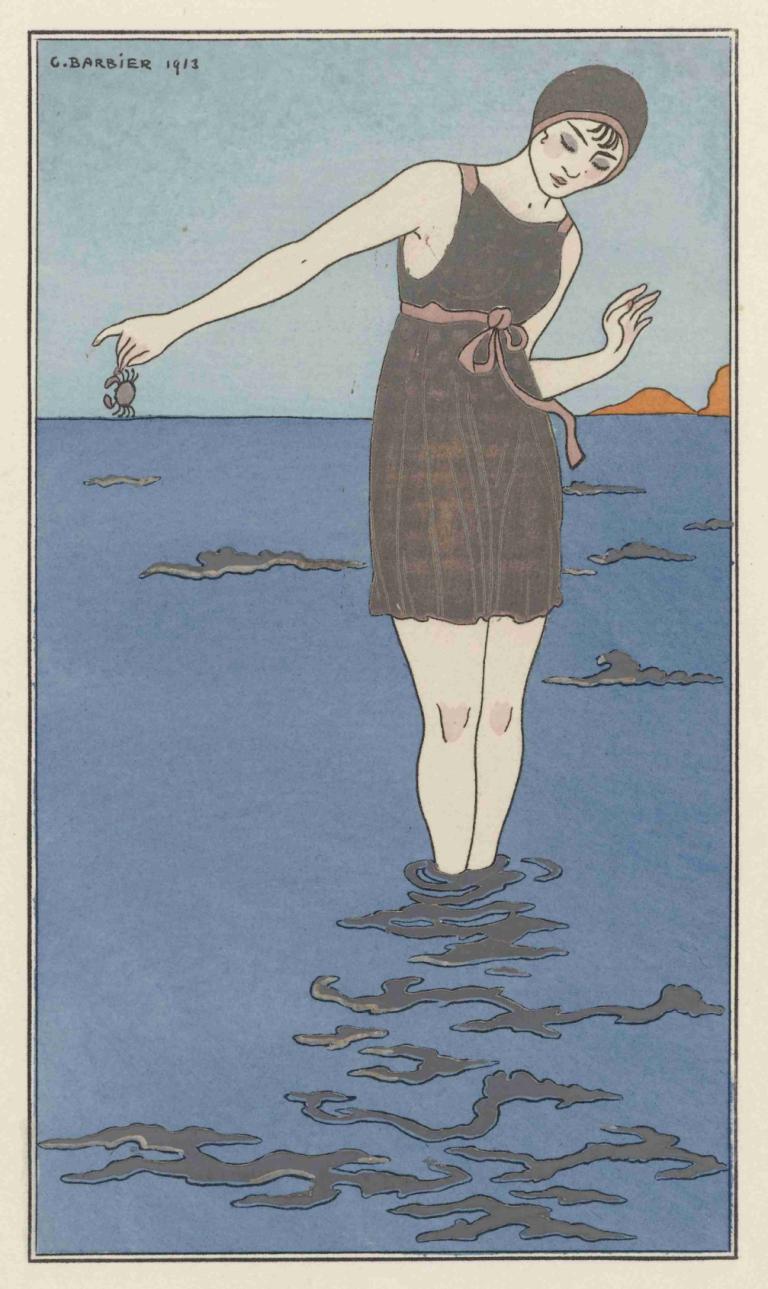 Costume de bain,George Barbier,Illustration,Illustration, 1girl, solo, dress, dated, sleeveless dress