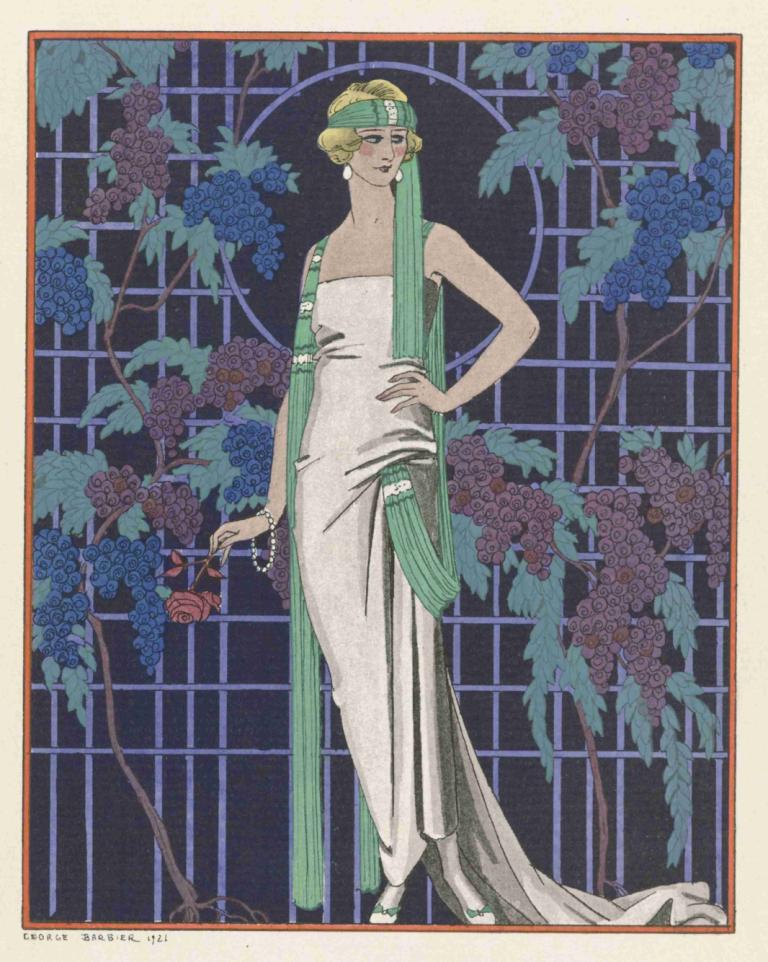 Des robes dans la nuit ; Robe du soir, de Worth,Kleider in der Nacht; Abendkleid, von Worth,George Barbier