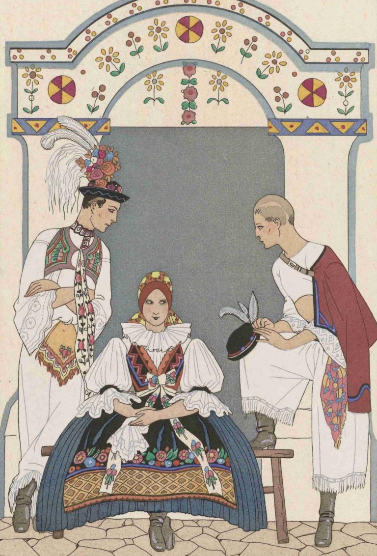 Entre deux feux.,Di antara dua kebakaran.,George Barbier,Ilustrasi,Ilustrasi, banyak anak laki-laki, duduk