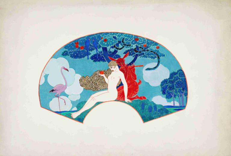 Eve,Hawa,George Barbier,Ilustrasi,Ilustrasi, 1 gadis, solo, rambut panjang, telanjang, burung, bunga, nyata