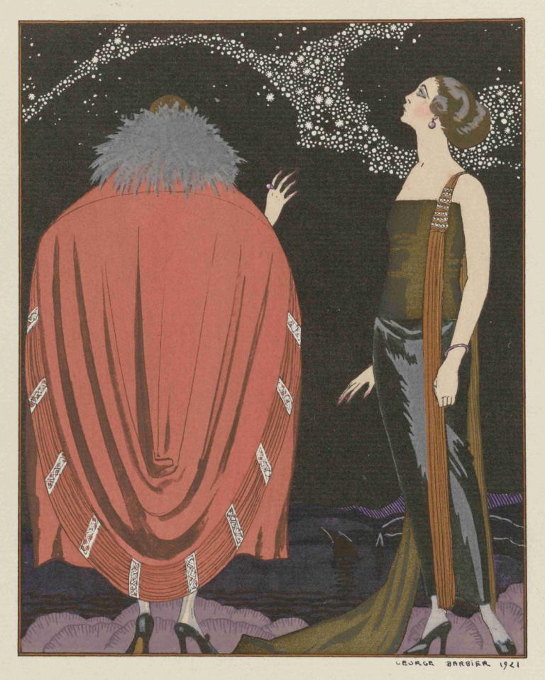 Evening Attire,George Barbier,Illustration,Illustration, high heels, jewelry, 1girl, black footwear, earrings