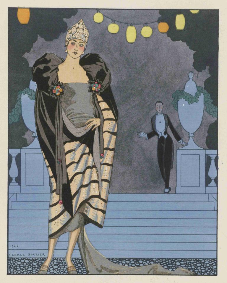 Evening Attire.,이브닝 복장.,George Barbier,조지 바비에,일러스트레이션,일러스트레이션, 드레스, 붉히다, 긴 소매, 여자 1명, 미술 패러디, 서 있는, 검정 드레스