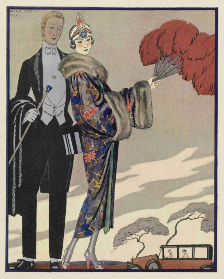 Evening Attire..,Avondkleding.,George Barbier,Illustratie,Illustratie, hoge hakken, blond haar, vasthouden