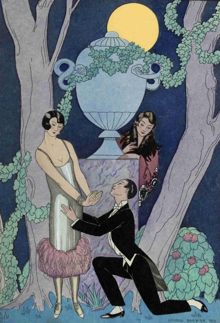 Falbalas et fanfreluches, L' Olsarice,George Barbier,Abbildung,Abbildung, Kleid, Baum, schwarzes Haar